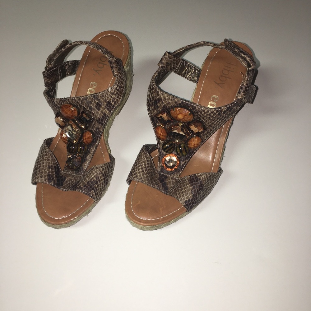 Libby Edelman Brown Jeweled Wedge Sandals  7 1/2 W